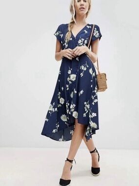 Free People Size M  “Lost In You” Blue Floral Button Down High-Low MIDI Dress